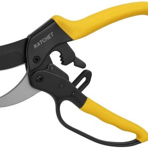 Ratchet Pruning Shears for Weak Hands Heavy Duty Garden Pruners with 4 Stage Cutting Action for Effortless Trimming of Thick Branches Yellow
