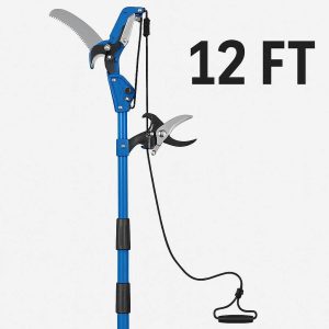 Extendable Tree Pruner with Pole Saw 12 Foot Telescopic Garden Tool with Sharp Bypass Blade and Long Reach for High Branch Trimming Blue
